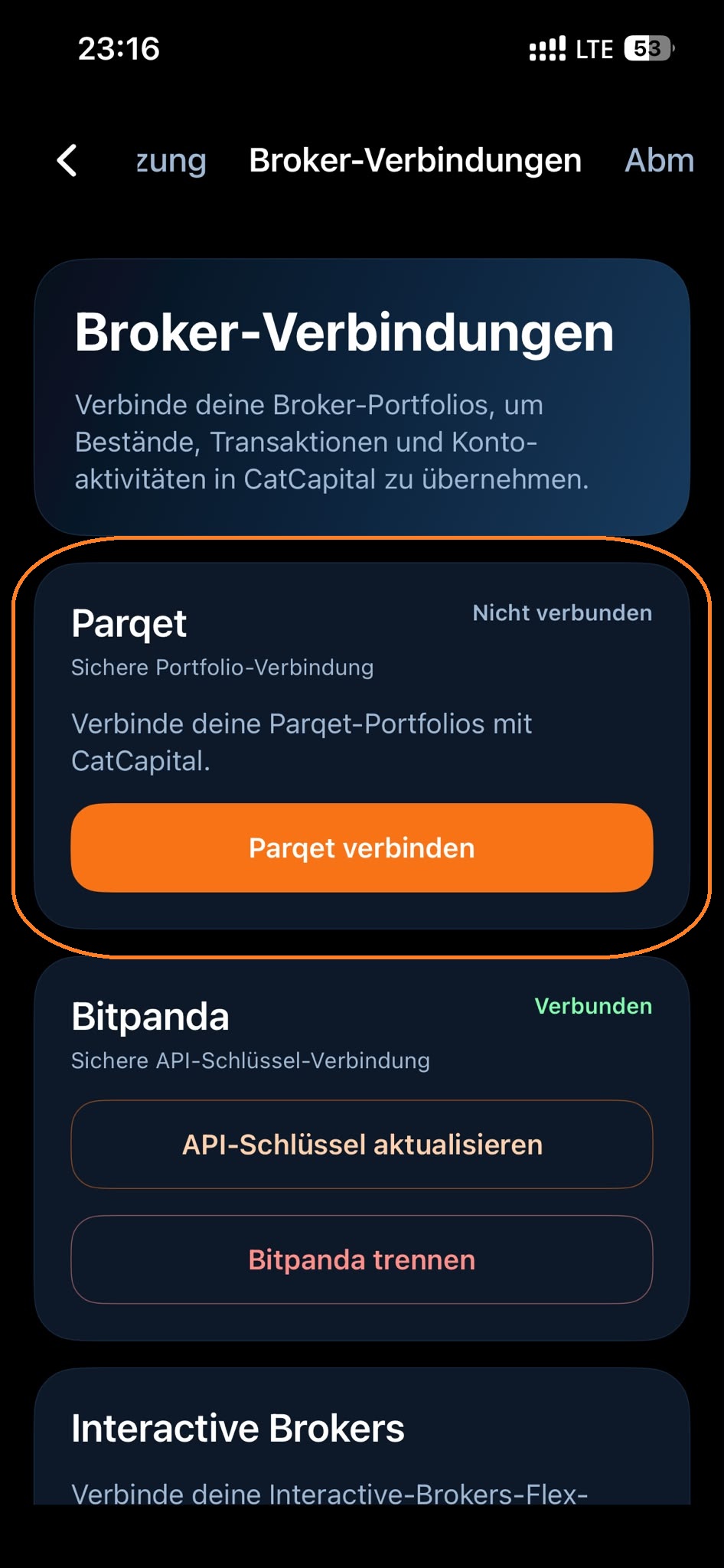 Parqet Verbinden in iOS/Android-App