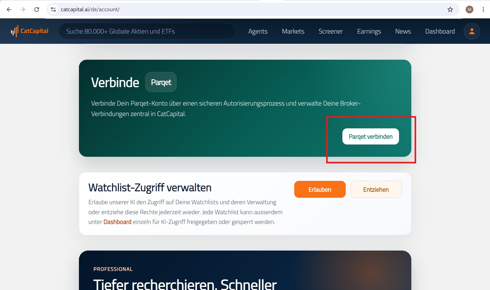 Parqet Verbinden in Web-Plattform